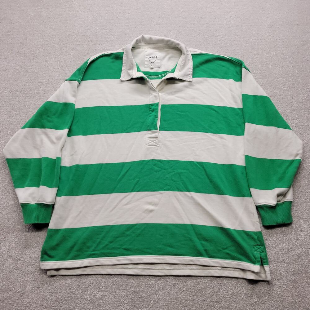 Aerie Women’s XL Green White Stripe Rugby Shirt Long Sleeve Polo Preppy